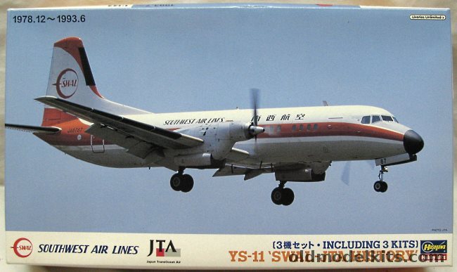 Hasegawa 1/144 YS-11 Three Kits SWAL-JTA History - (2) South West Airlines and (1) JTA Japan TransOcean Air, SP188 plastic model kit